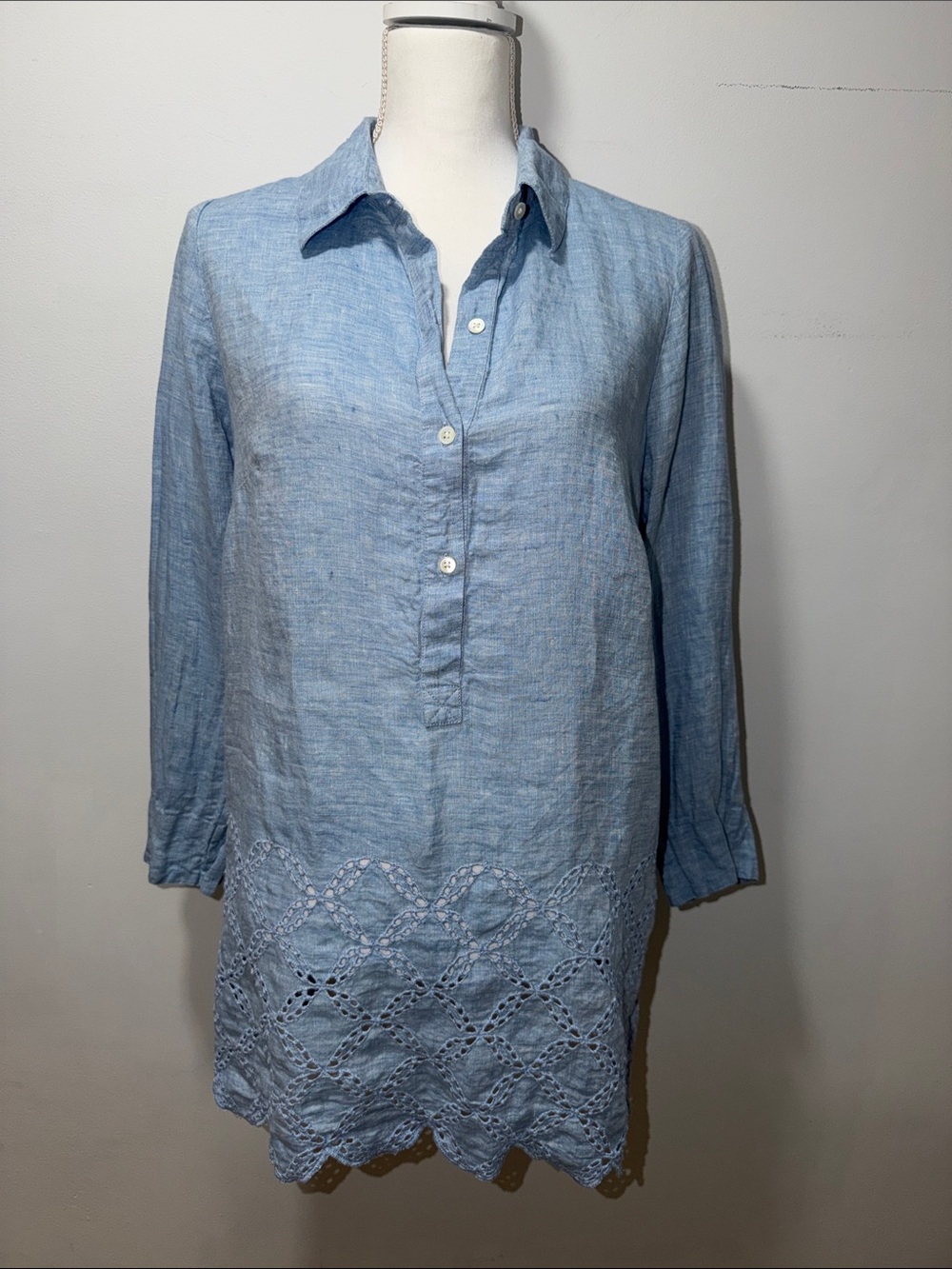 Lands End Women’s Linen Tunic Eyelet Hem 12 Coastal Nautical Preppy Lightweight